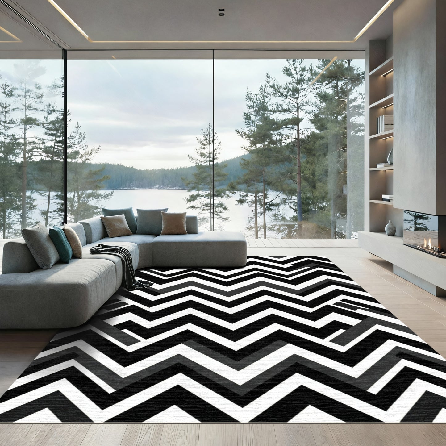 Monochromatic Zigzag Geometric Chevron Rug