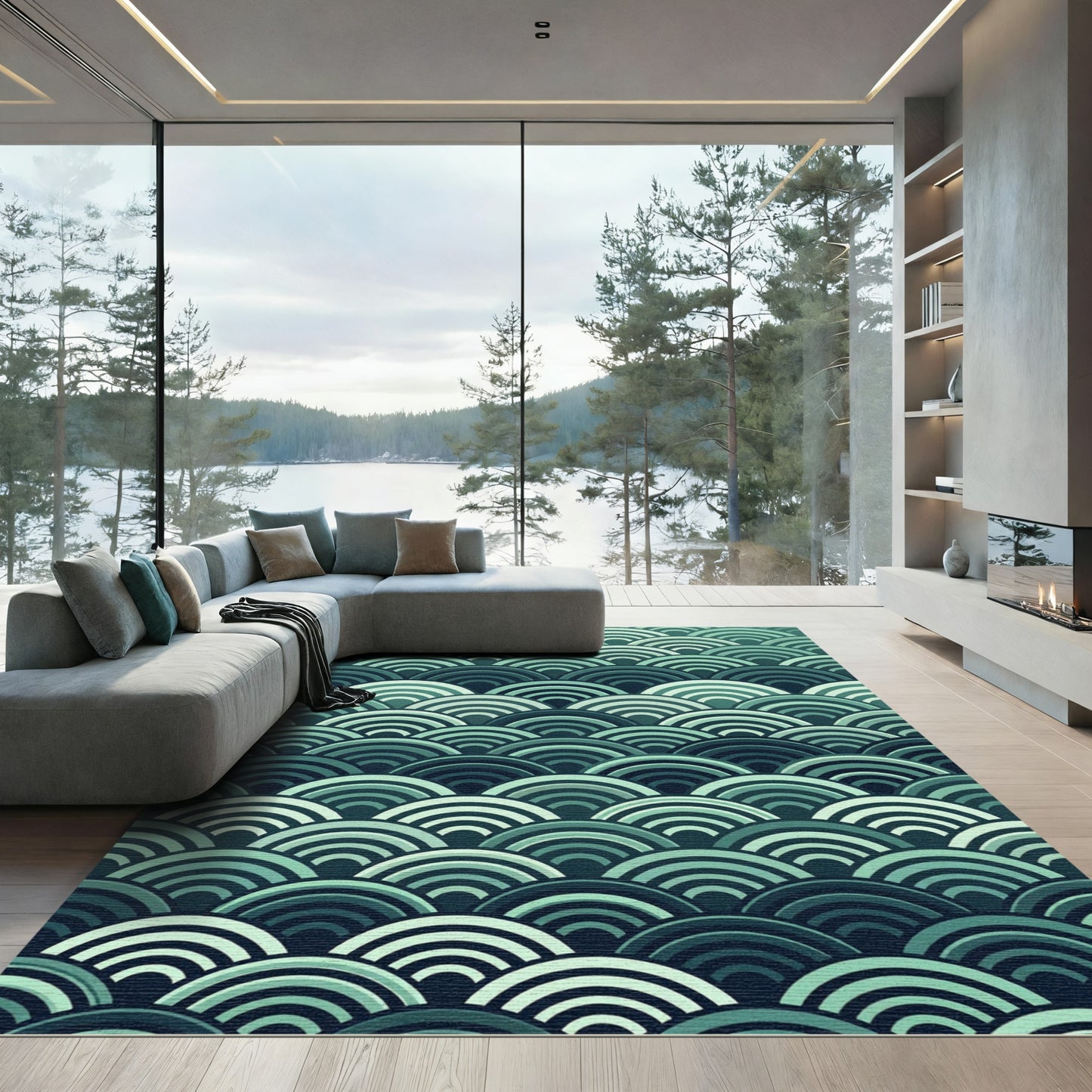 Teal Scale Wave Pattern Rug
