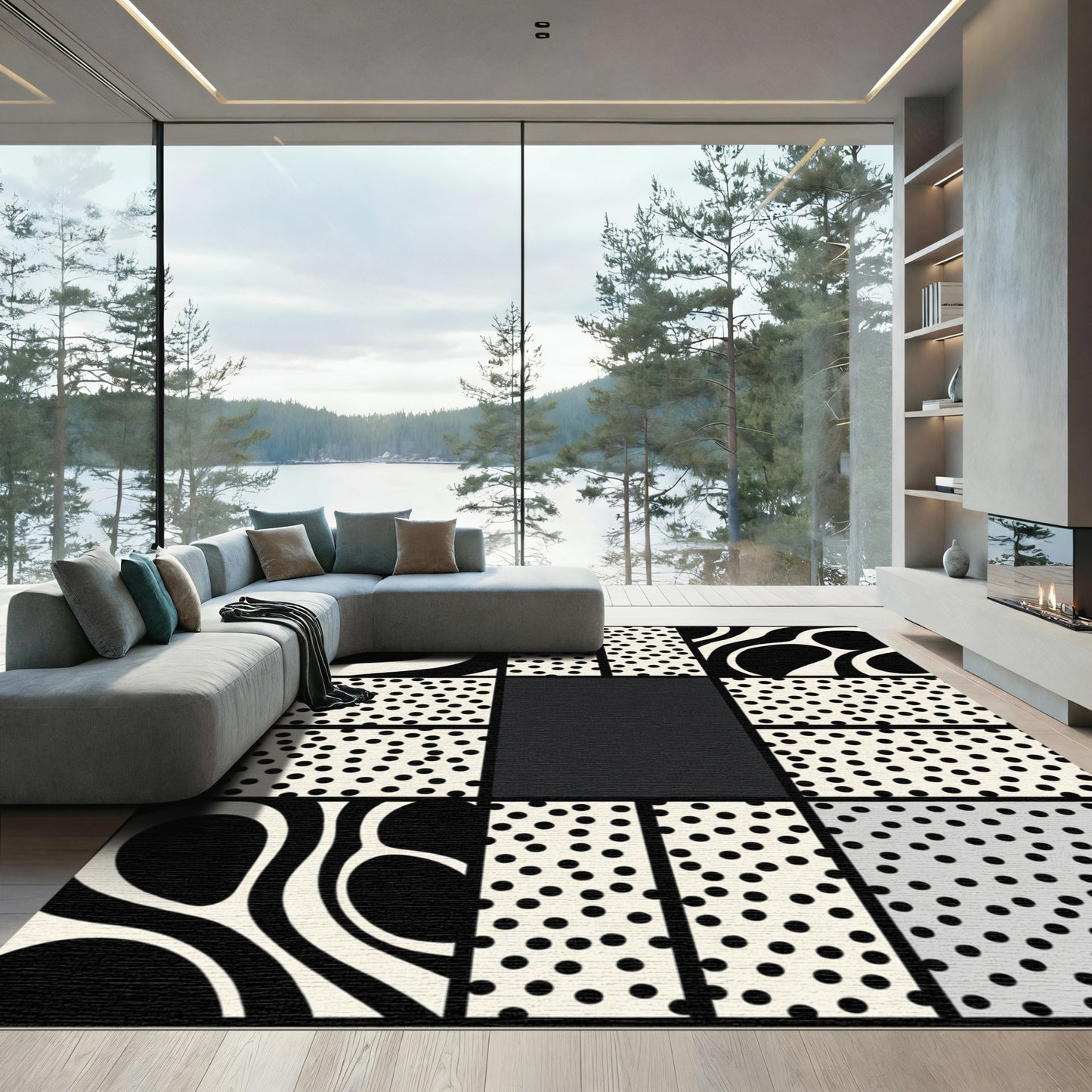 Bold Cream Black Polka Dot Swirls Rug