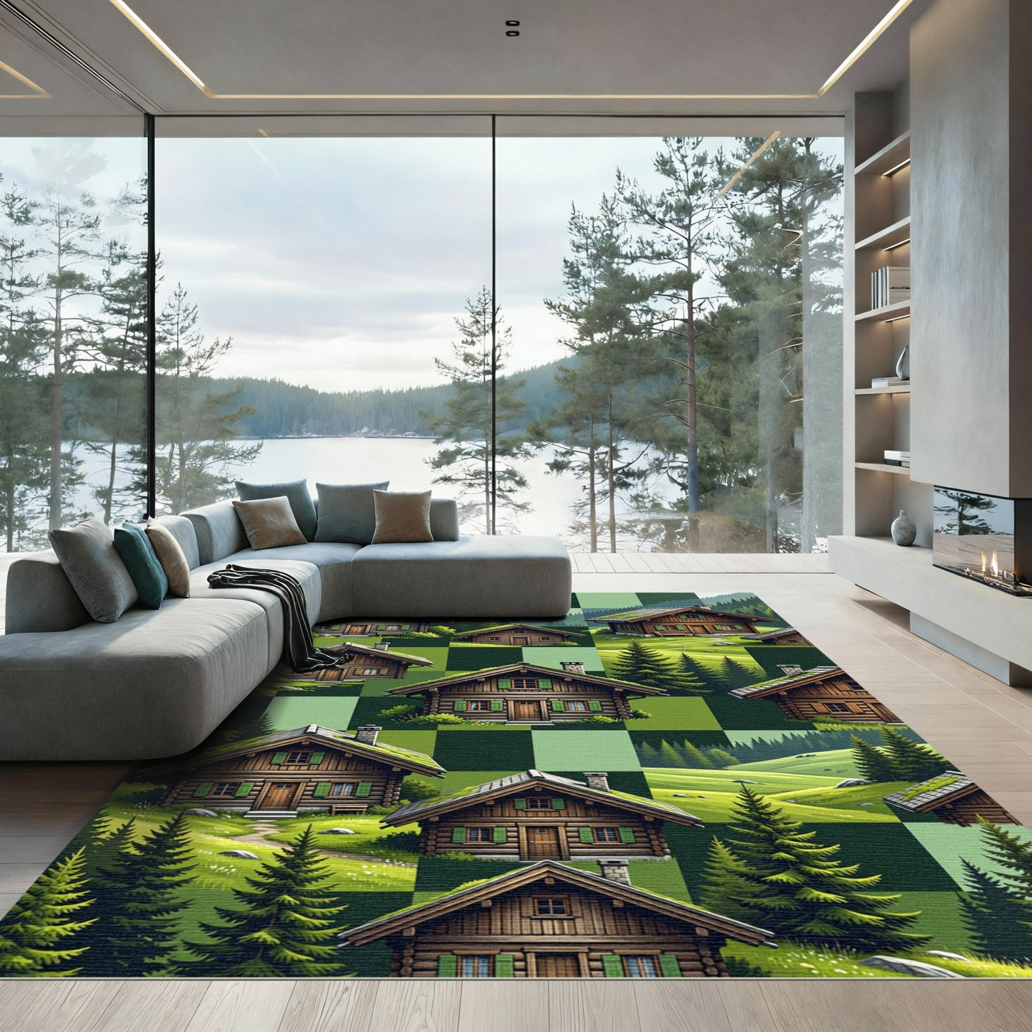 Alpine Cabins Green Checkerboard Rug