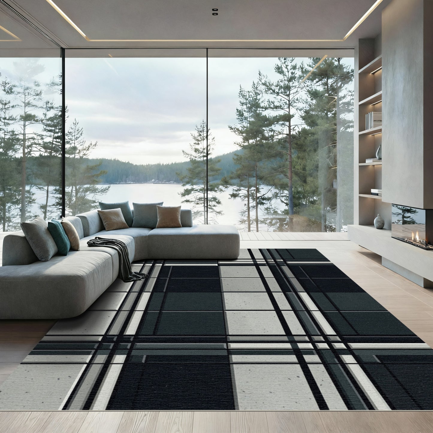 Monochromatic Textured Grid Check Rug