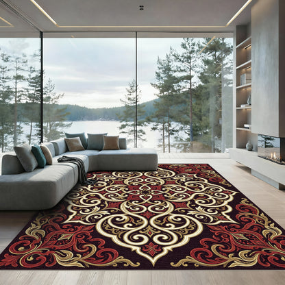 Ornate Red Gold Scrollwork Mandala Rug