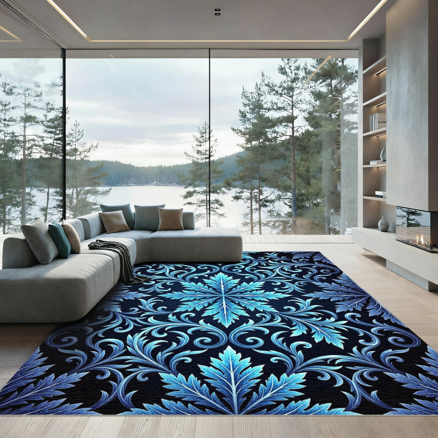 Cool Blue Baroque Swirl Floral Rug