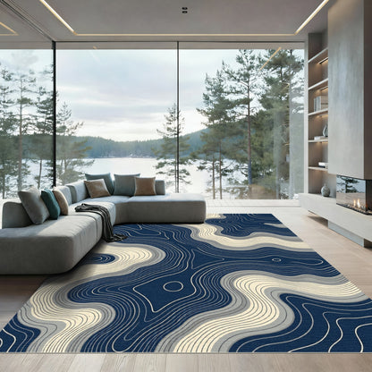 Modern Navy Cream Topographic Contour Flow Rug