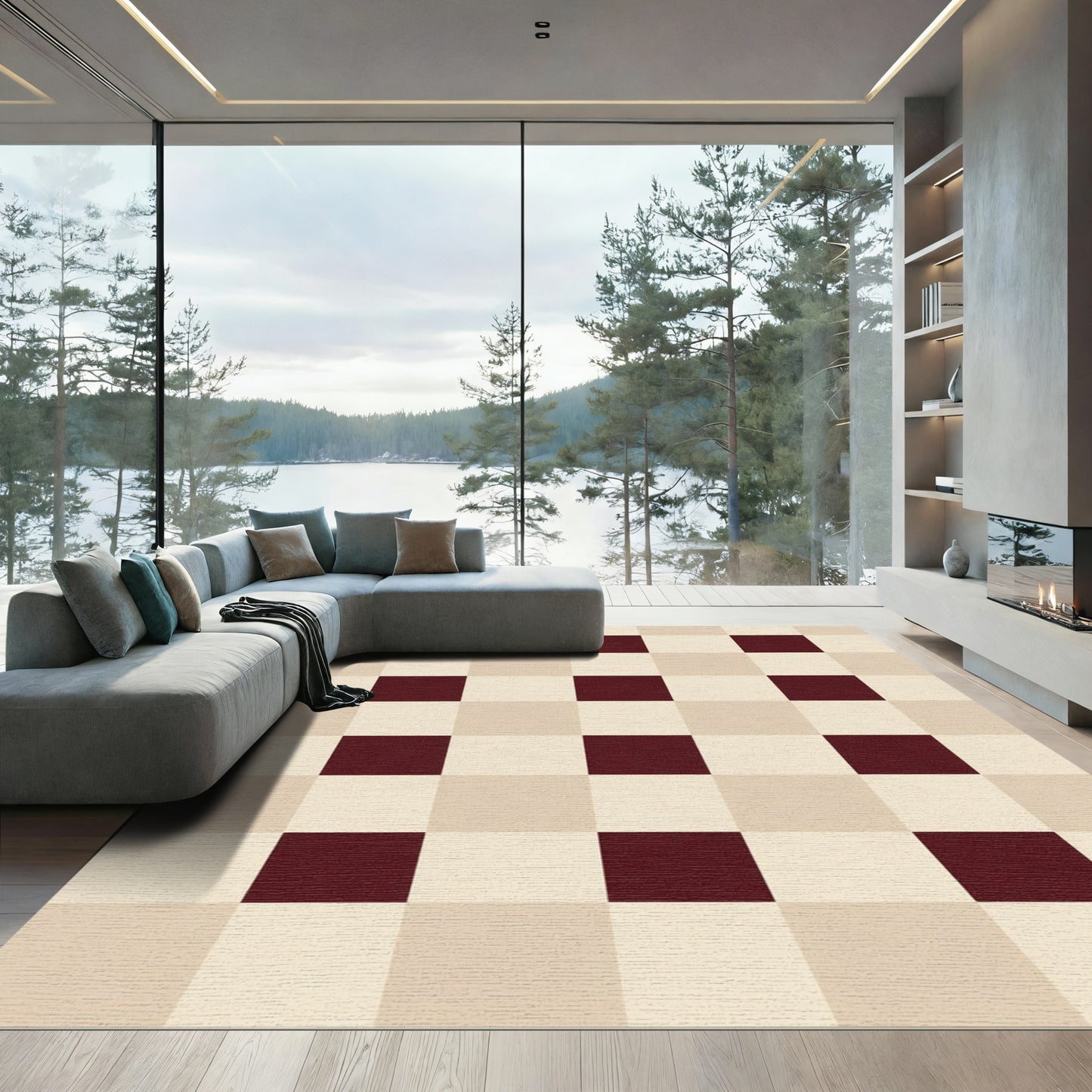 Burgundy Cream Checkered Square Arrangement Rug