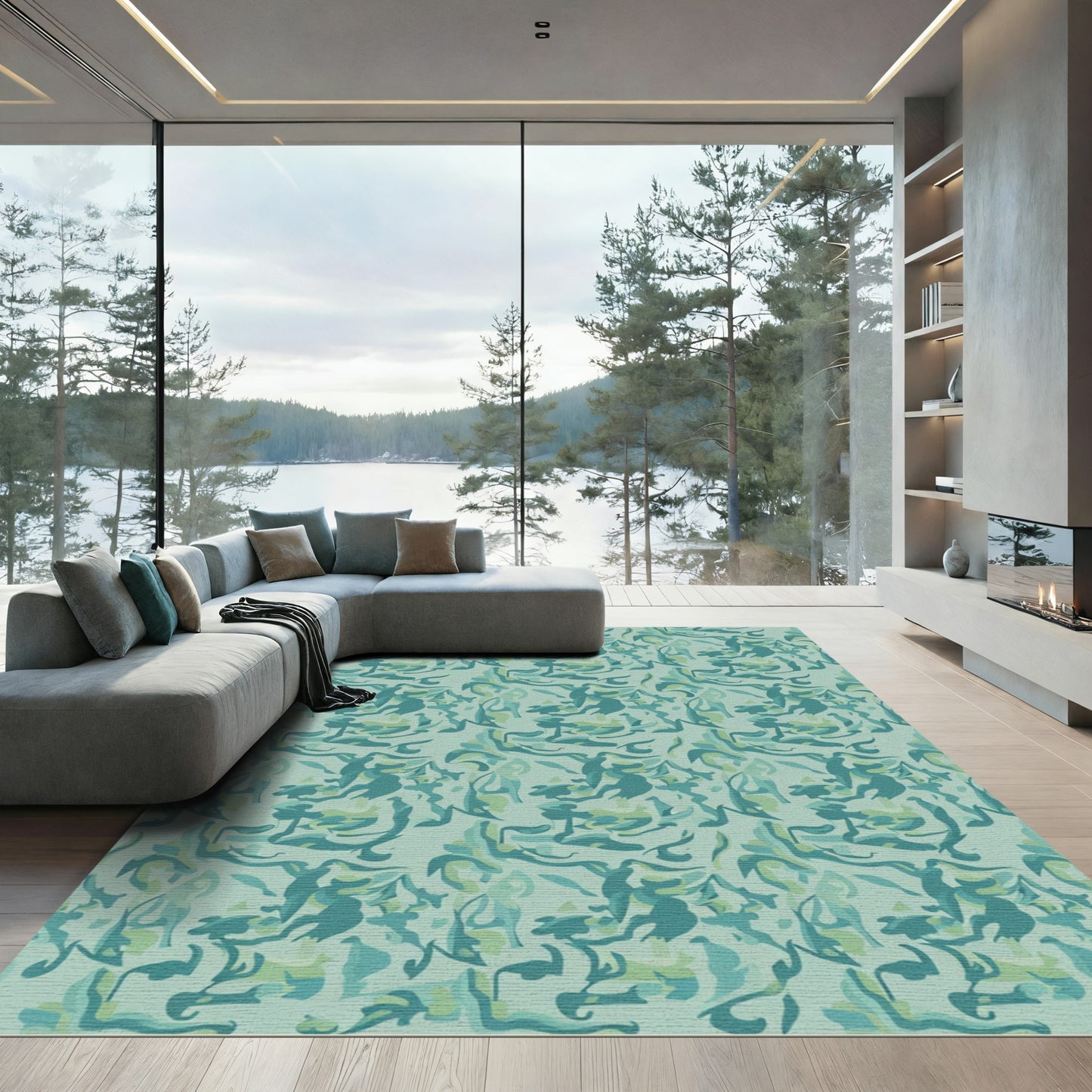 Teal Blue Abstract Swirl Arrangement Rug