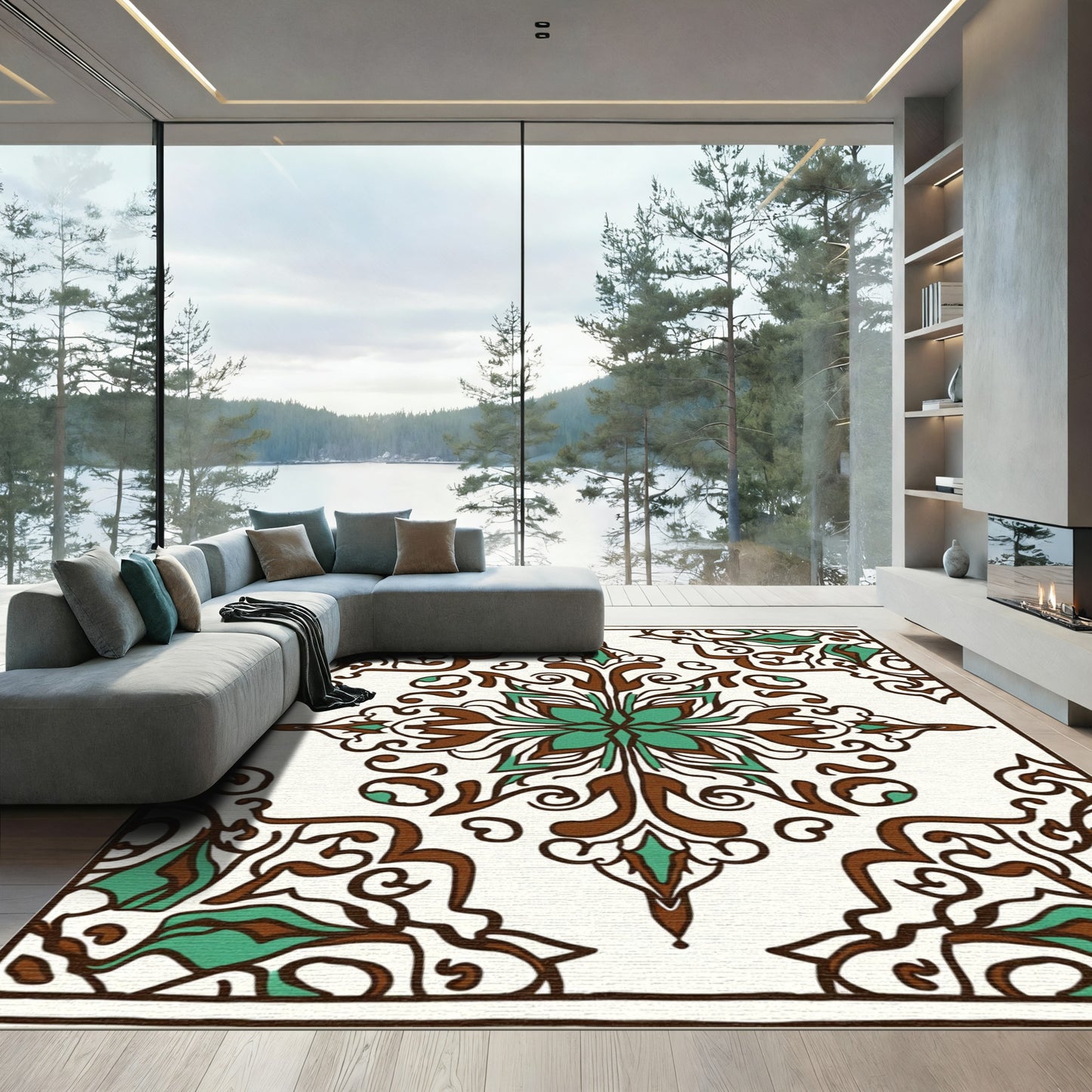 Brown Teal Floral Medallion Ornament Rug