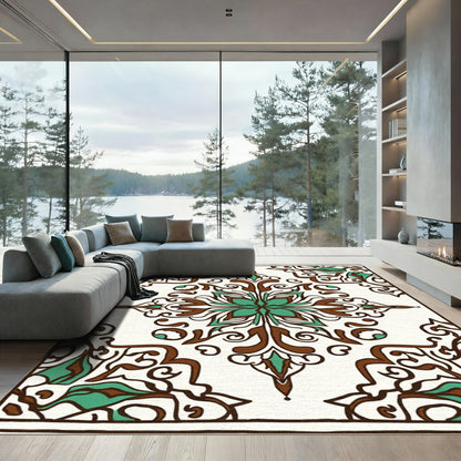 Brown Teal Floral Medallion Ornament Rug
