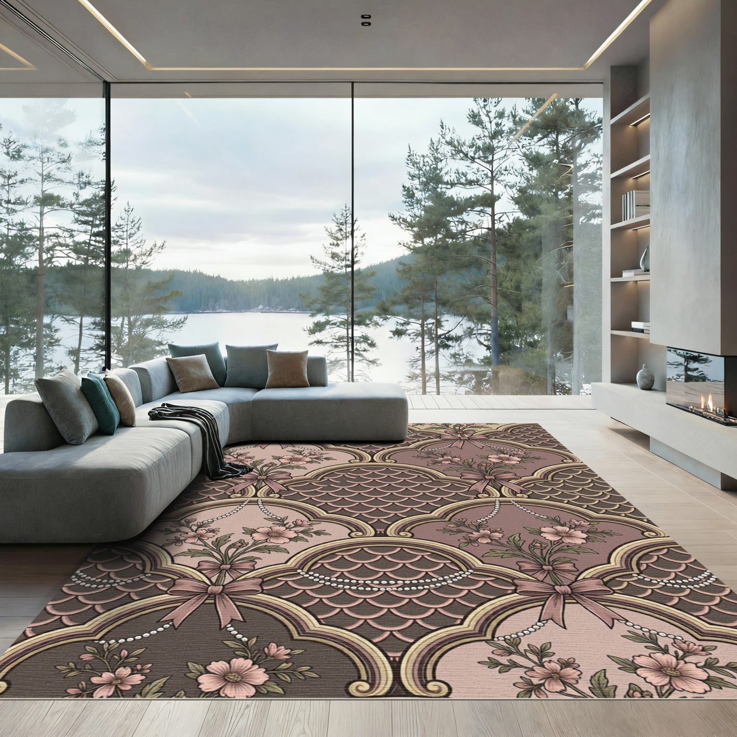 Vintage Pink Floral Archway Ribbon Rug