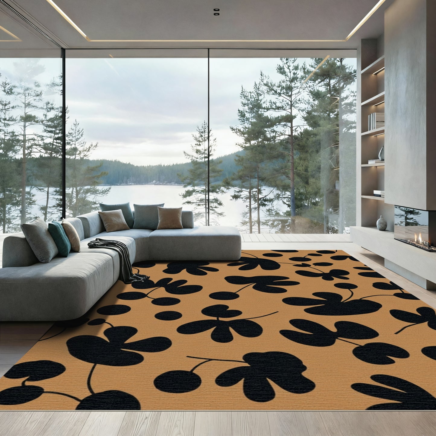 Black Floral Branches Terracotta Background Rug