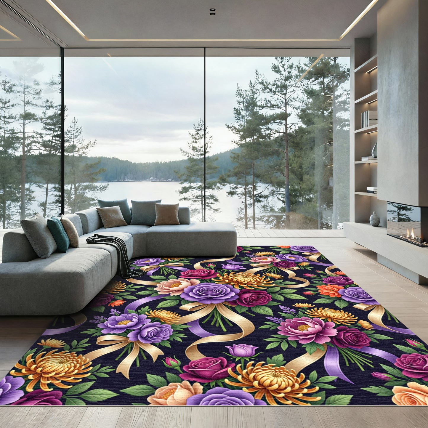 Vibrant Floral Bouquet with Golden Ribbons Rug