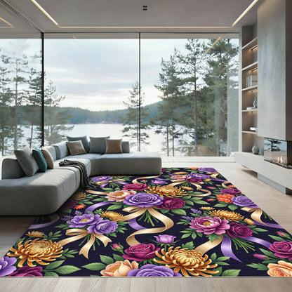 Vibrant Floral Bouquet with Golden Ribbons Rug