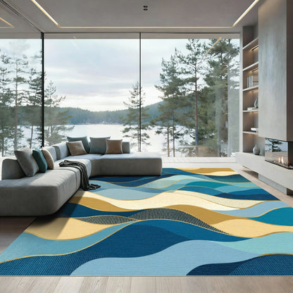 Deep Blue Golden Wave Abstraction Rug