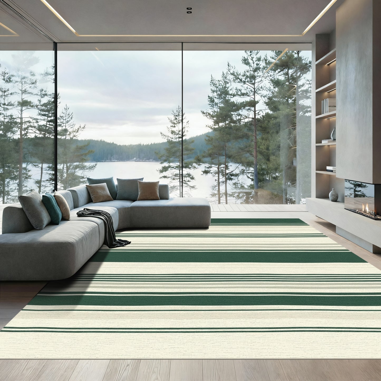 Forest Green Cream Stripe Rug