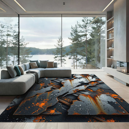 Industrial Distressed Metal Rust Orange Abstract Rug
