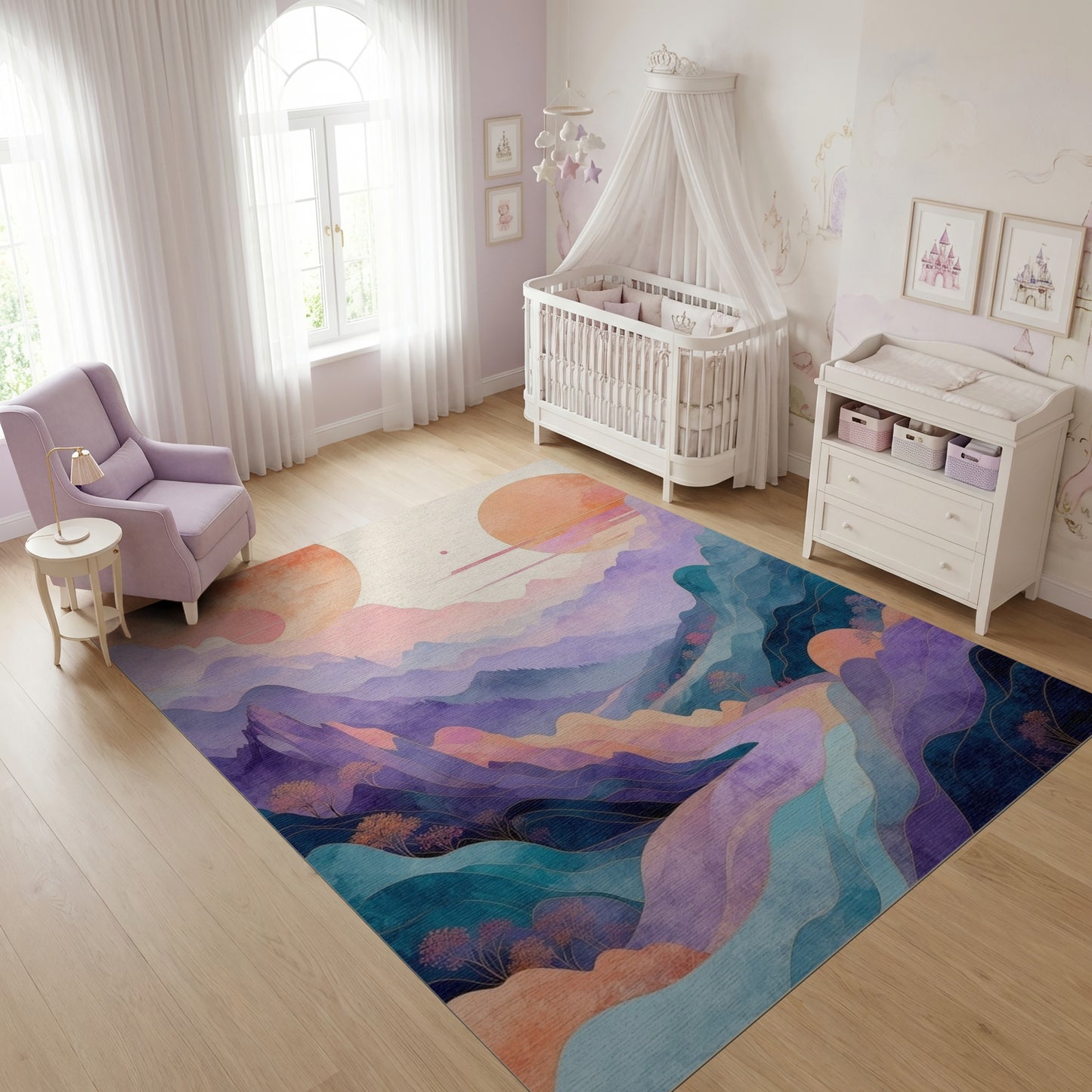 Dreamy Pastel Mountains Orange Suns Rug