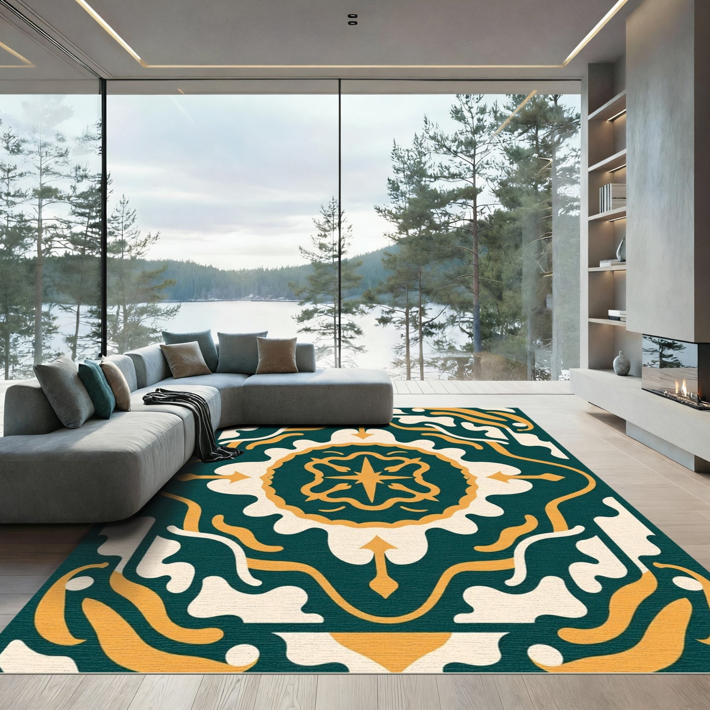 Deep Teal Gold Medallion Organic Symmetry Rug