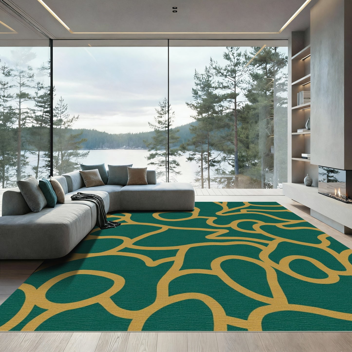 Emerald Teal Warm Gold Organic Flow Rug
