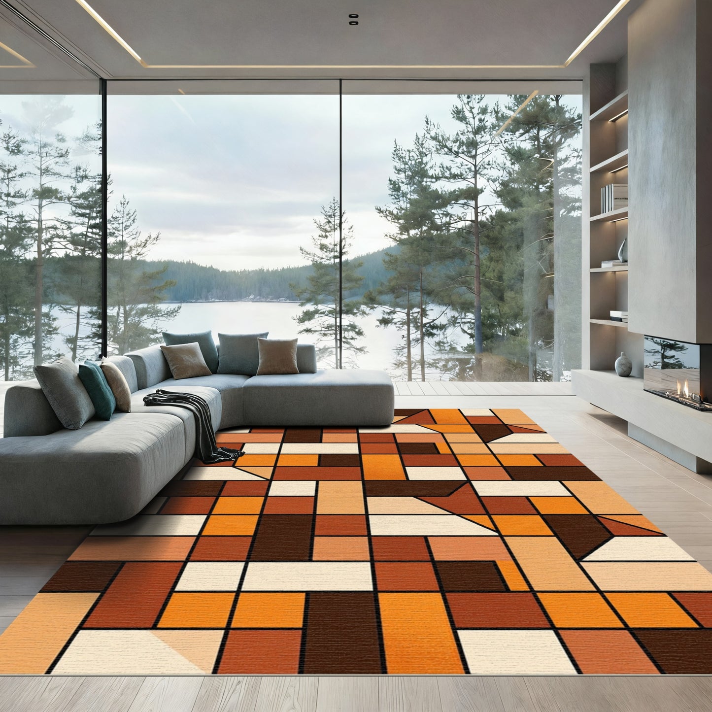 Geometric Mid-Century Modern Ochre Block Rug