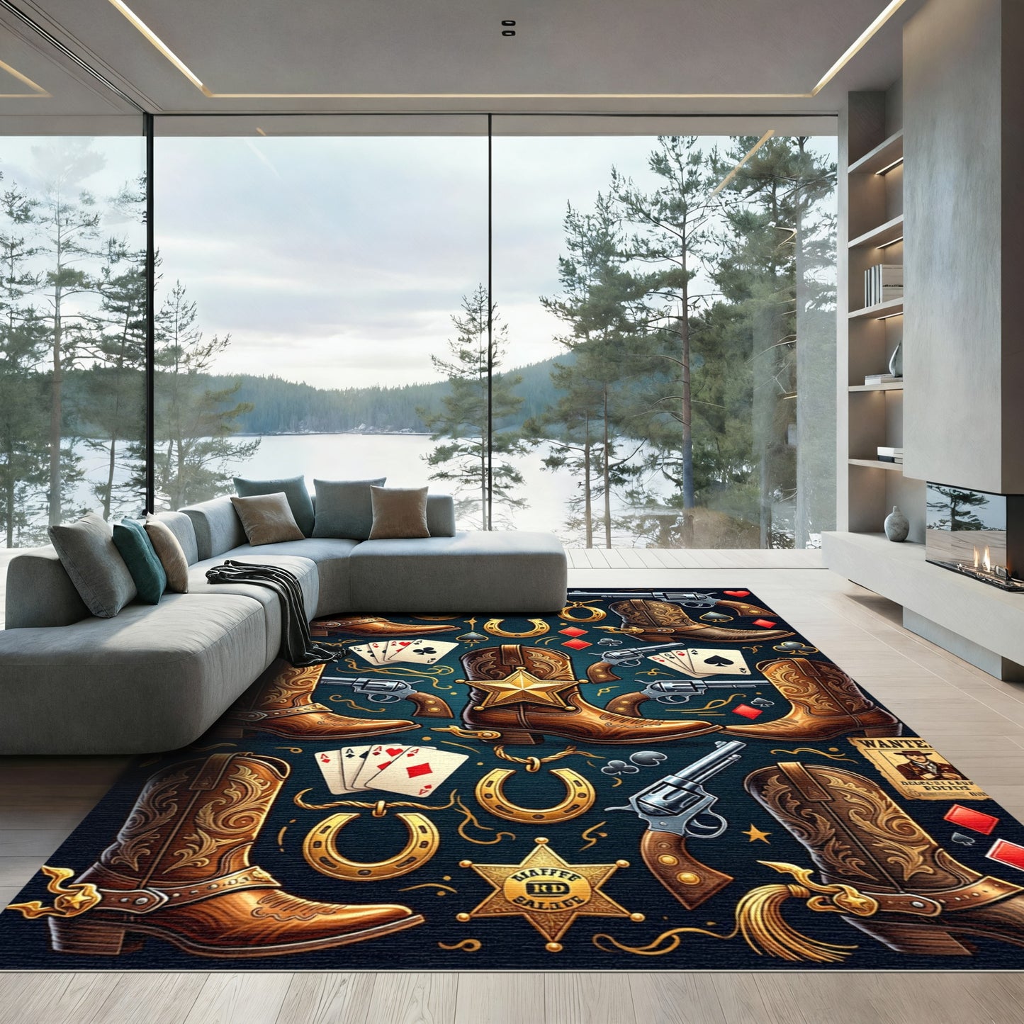Western Cowboy Boots Revolvers Horseshoe Art Rug