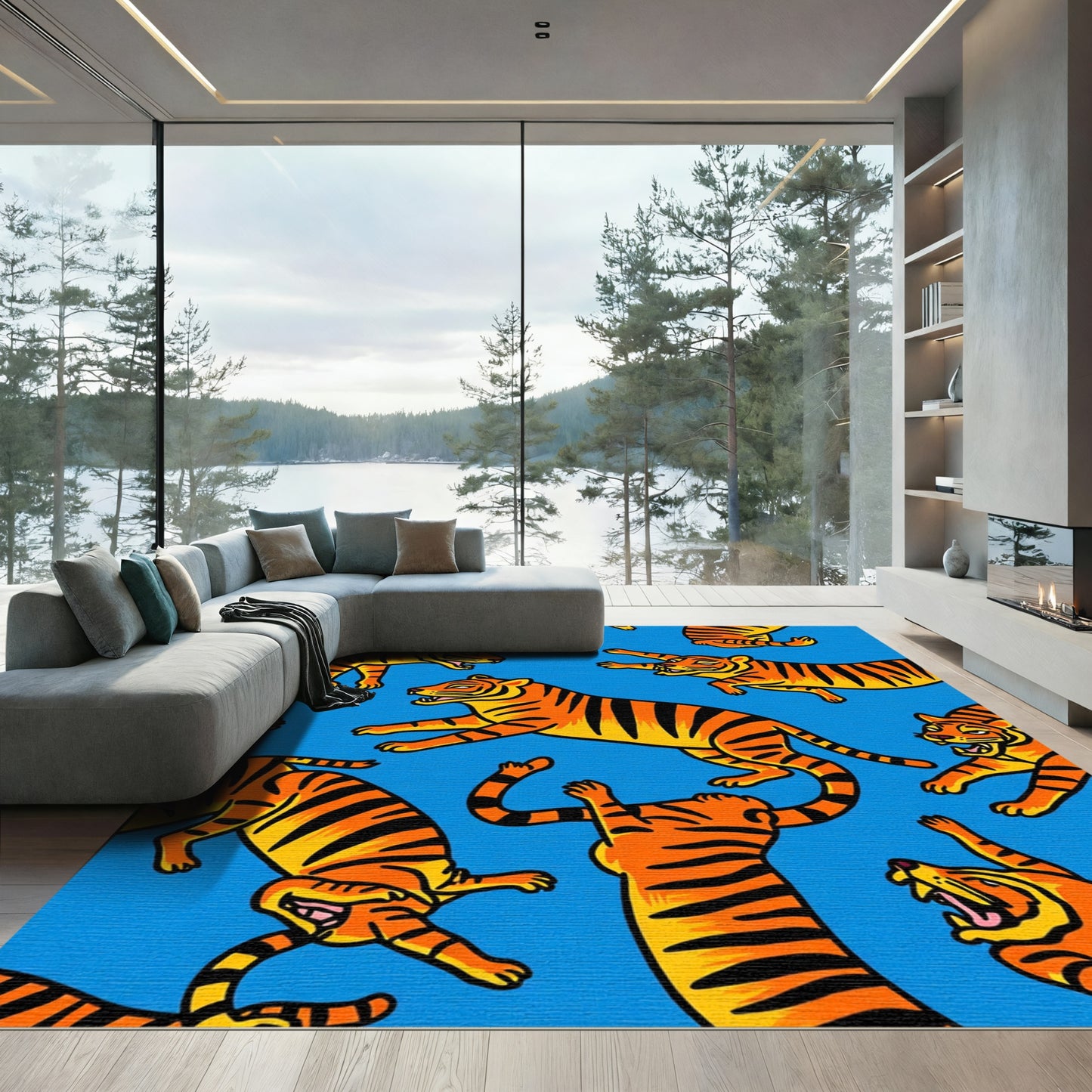 Fiery Orange Tigers Blue Playful Scene Rug