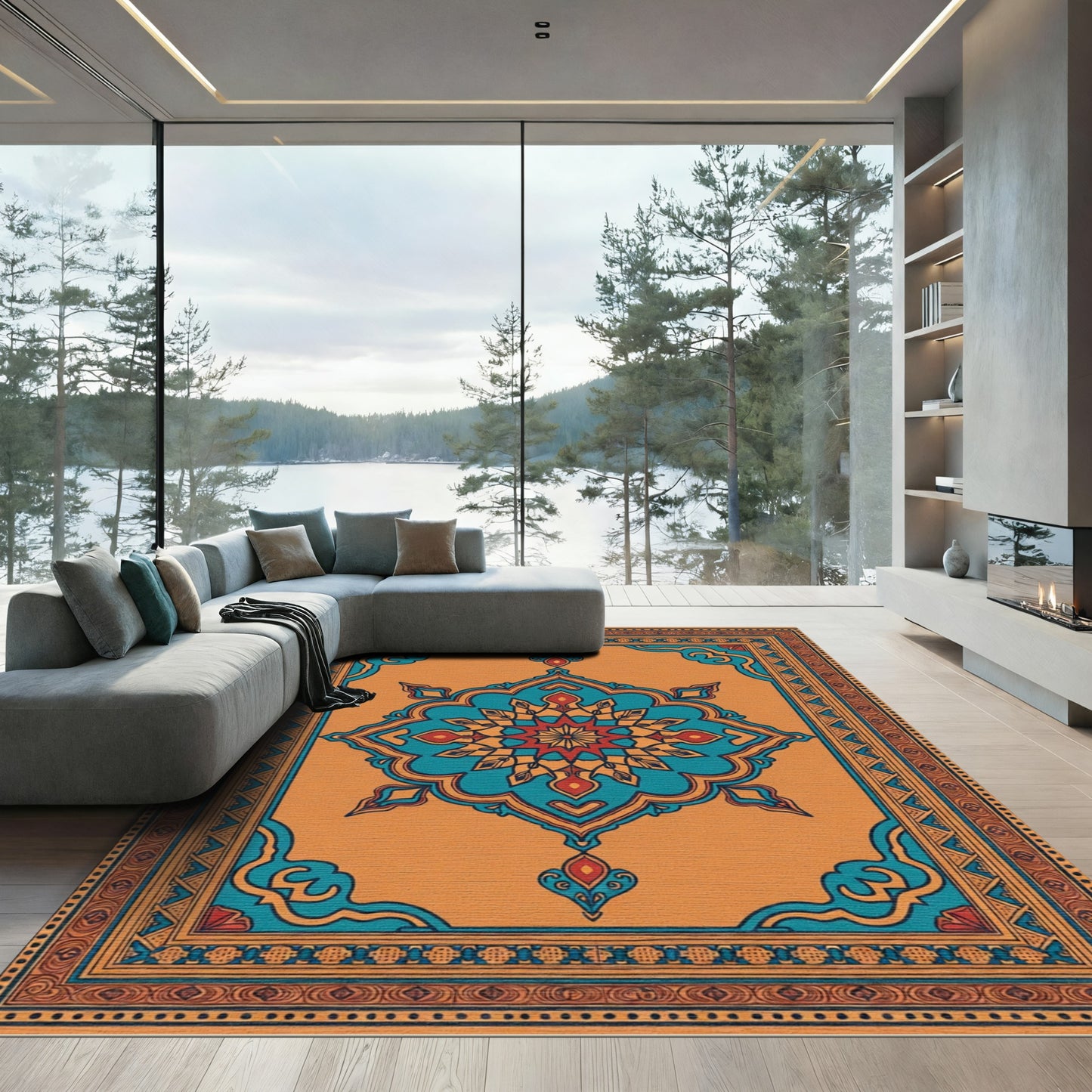 Orange Teal Red Starburst Mandala Rug