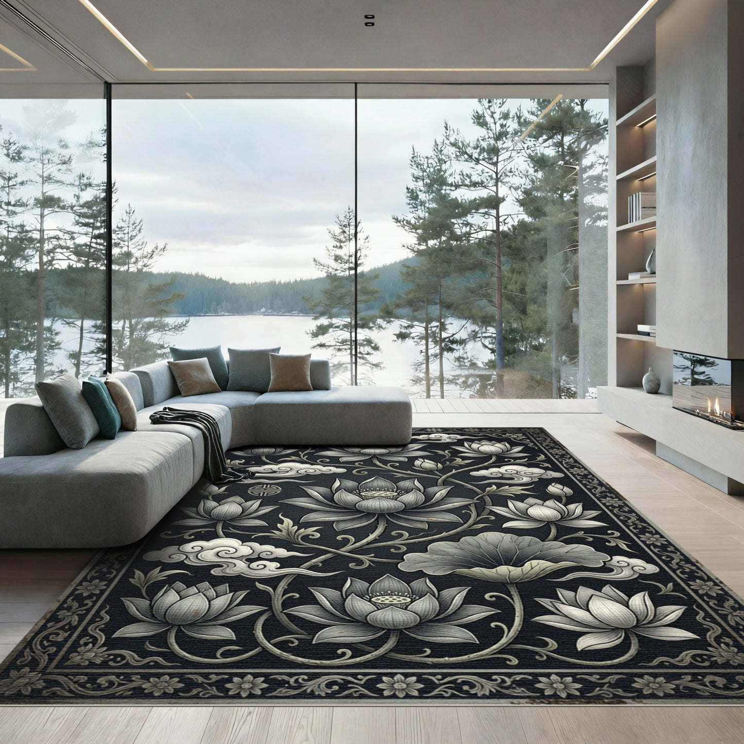 Monochrome Lotus Floral Zen Cloud Art Rug