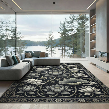 Monochrome Lotus Floral Zen Cloud Art Rug