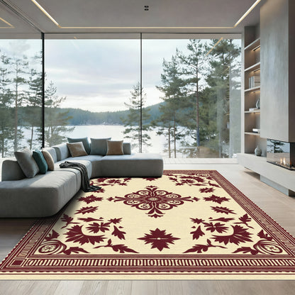 Deep Red Floral Medallion Cream Rug