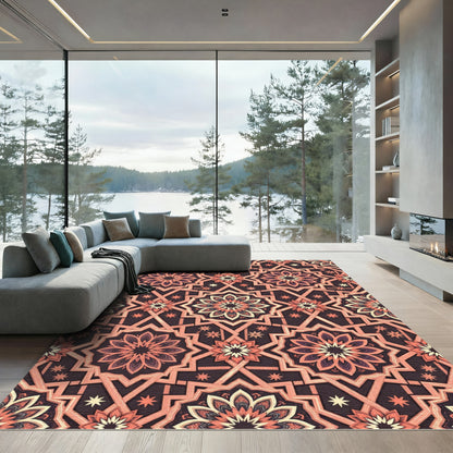 Coral Geometric Starburst Mandala Rug