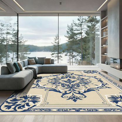 Ornate Ivory and Navy Floral Medallion Rug