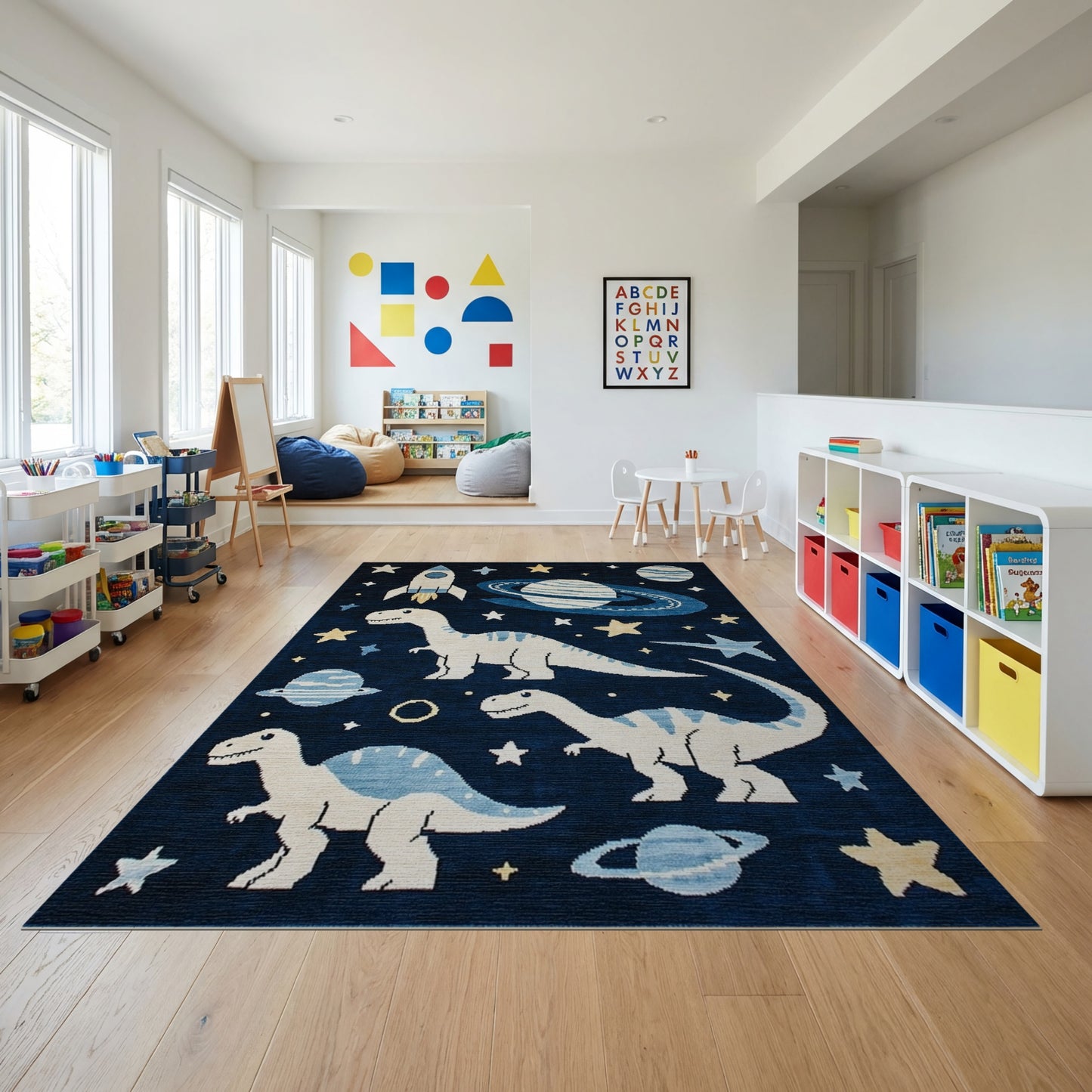 Whimsical Dino Rocket Planet Stars Rug