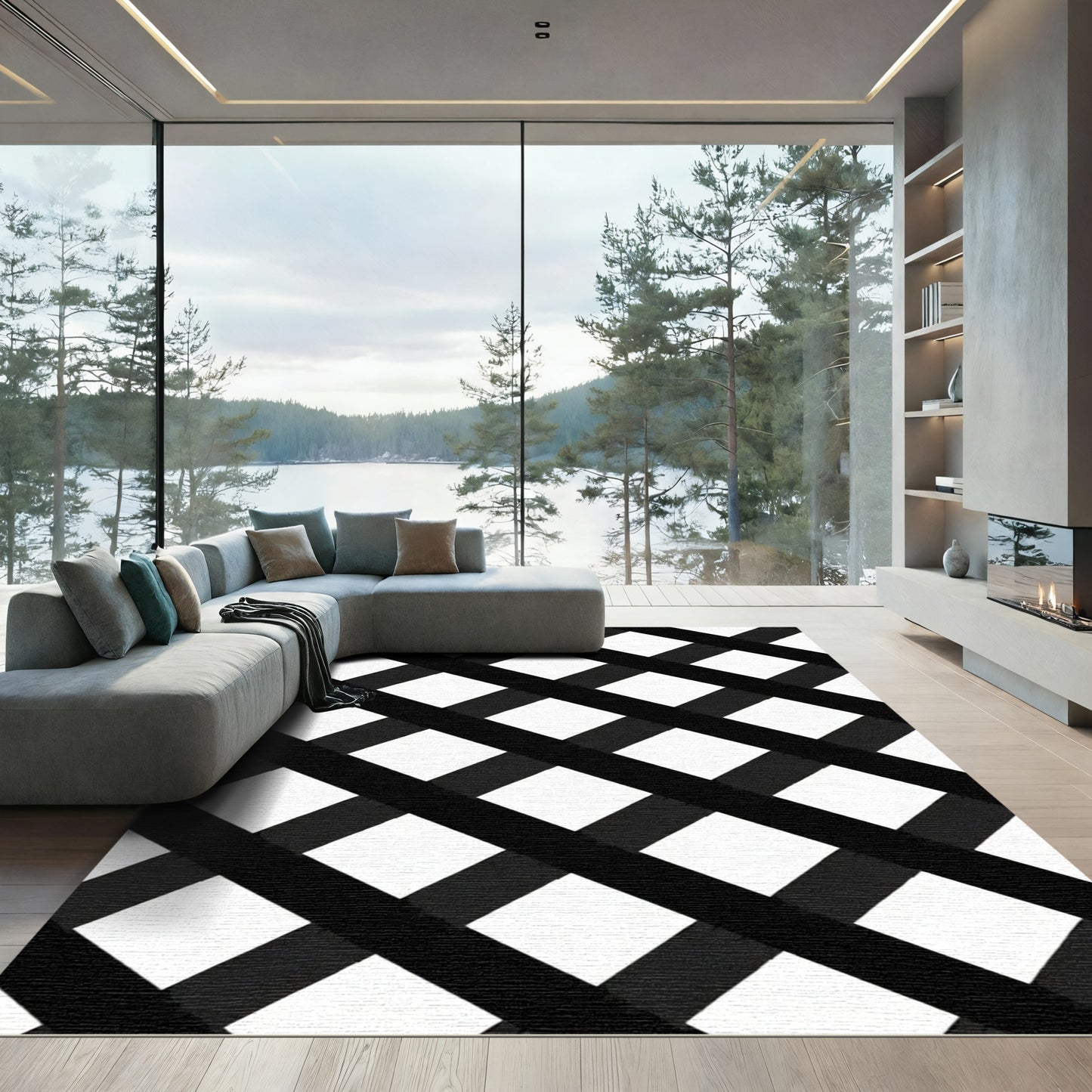 Bold Black White Lattice Overlay Rug