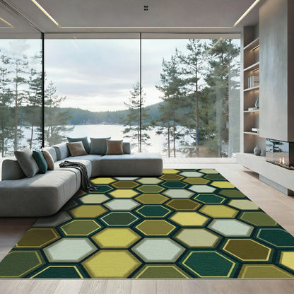 Modern Olive Gold Geometric Honeycomb Rug