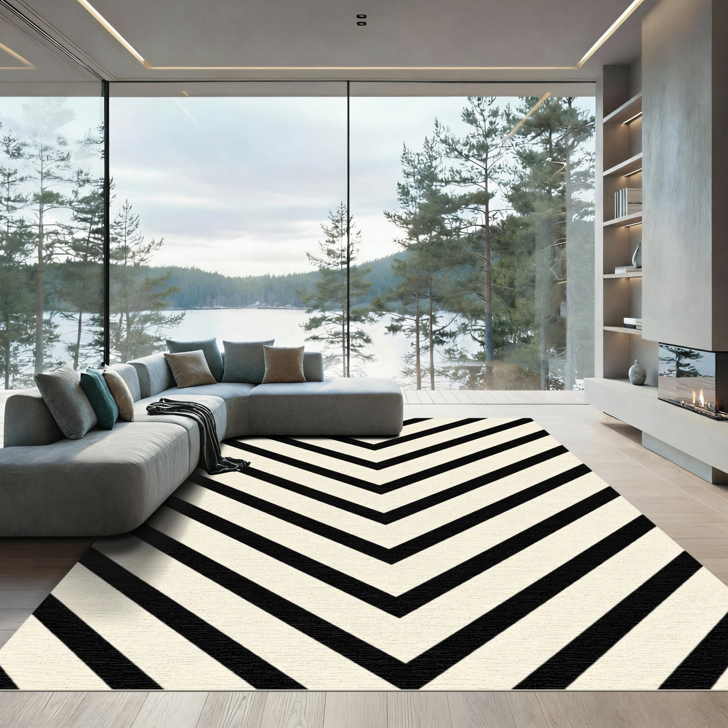 Black White Chevron Lines Rug