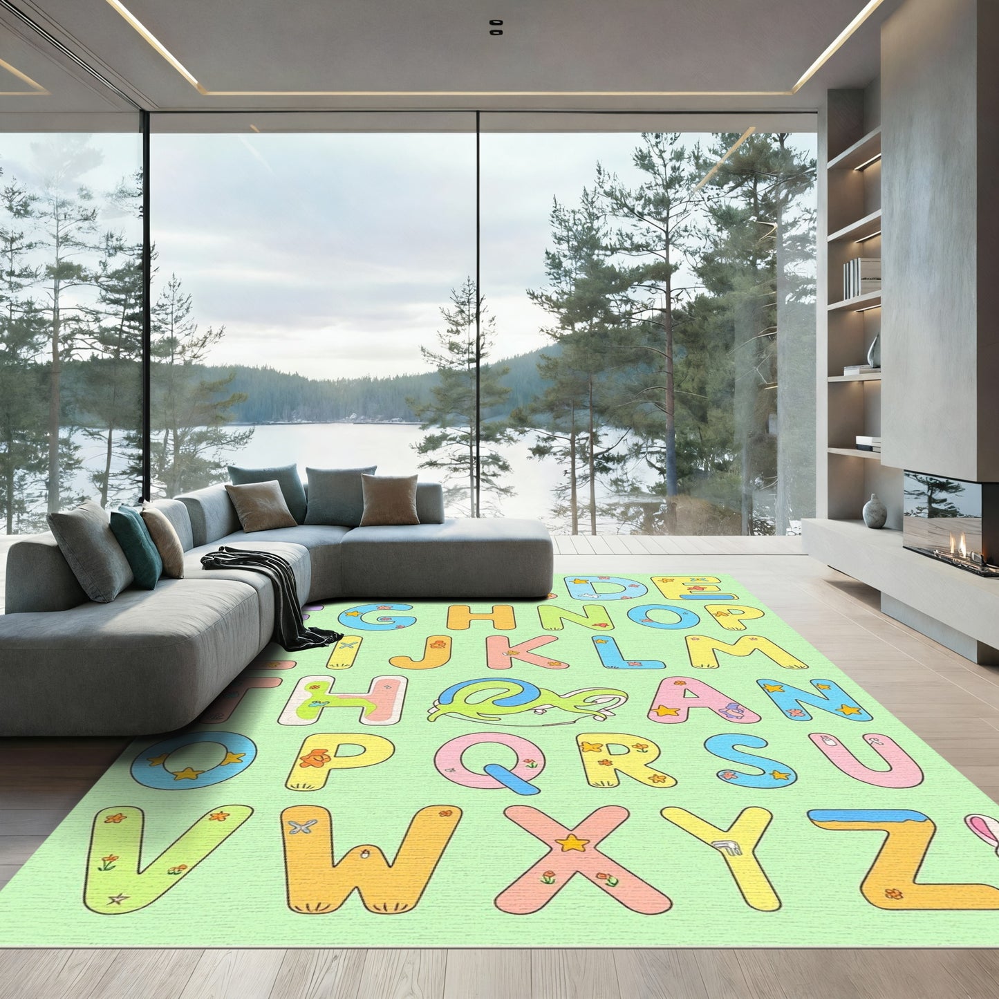 Pastel Alphabet Whimsical Creatures Rug