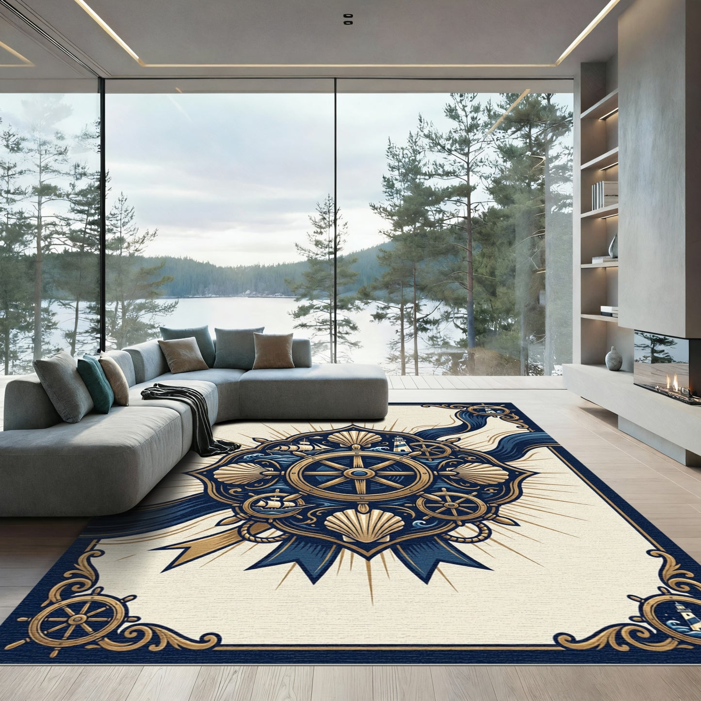 Nautical Gold and Navy Compass Medallion Rug