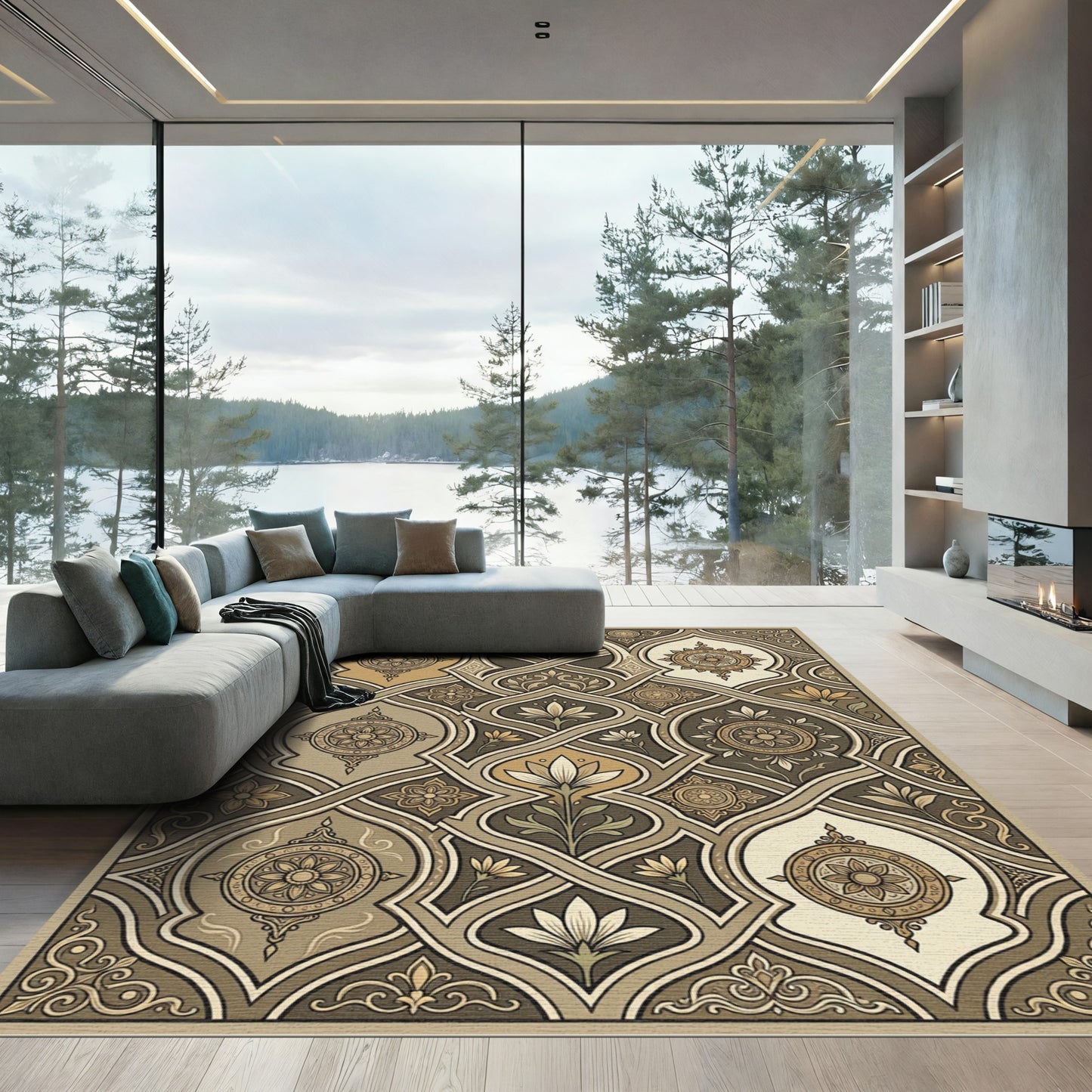 Earthy Sepia Interwoven Floral Medallion Rug