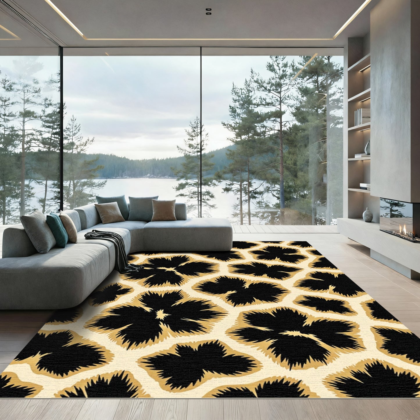 Bold Black Floral Contrast Patchwork Rug