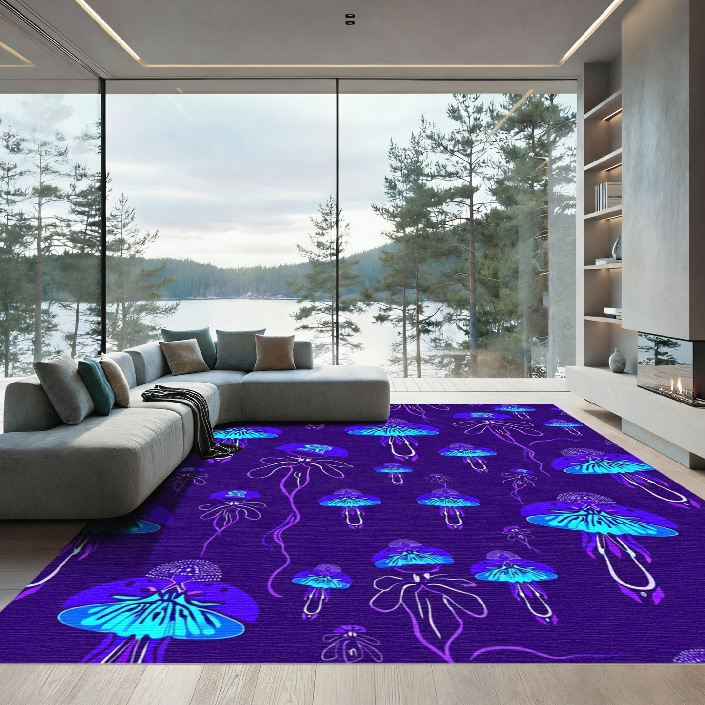 Vibrant Blue Jellyfish Aquatic Swirl Rug