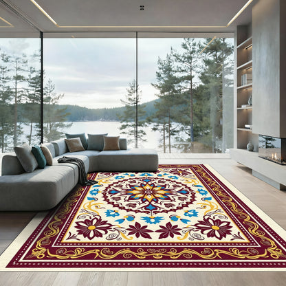 Crimson Blue Yellow Floral Medallion Rug