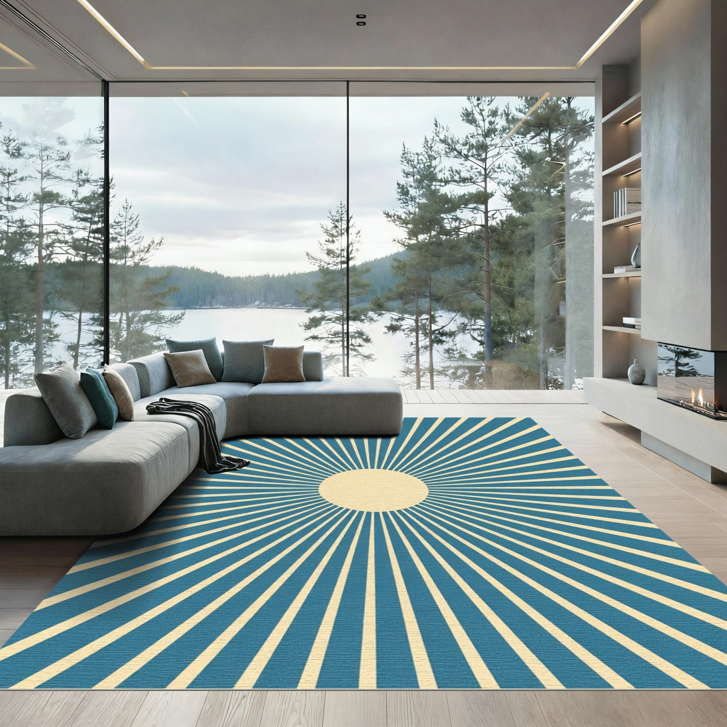 Blue Cream Sunburst Radial Rug