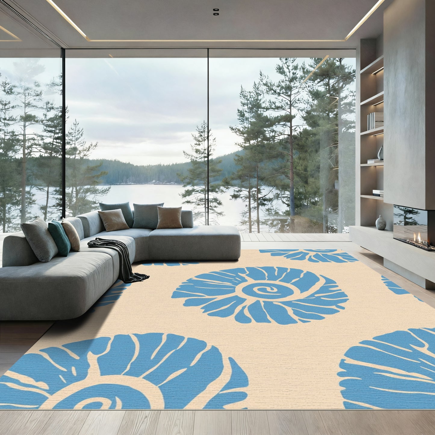 Coastal Blue Seashell Repeating Scatter Rug
