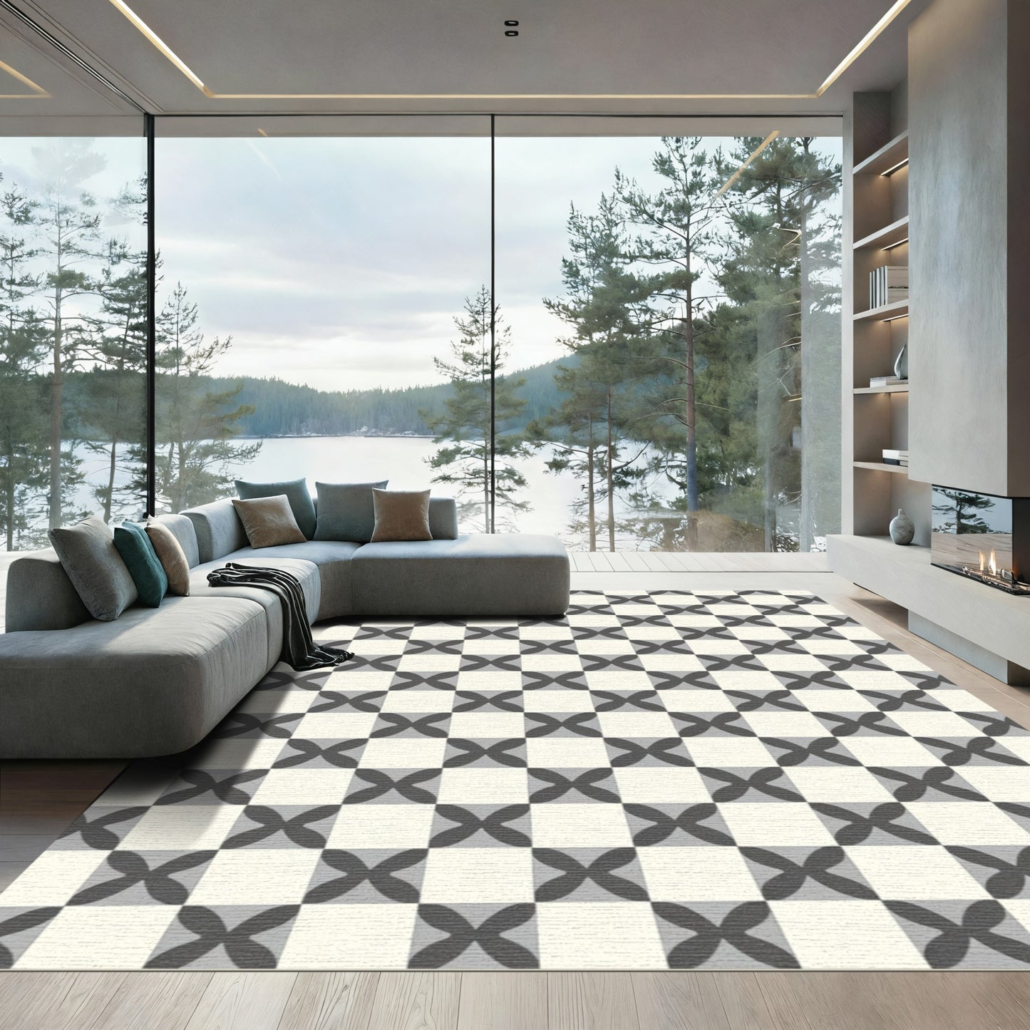 Gray Cream Checkerboard Quatrefoil Rug