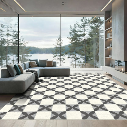 Gray Cream Checkerboard Quatrefoil Rug