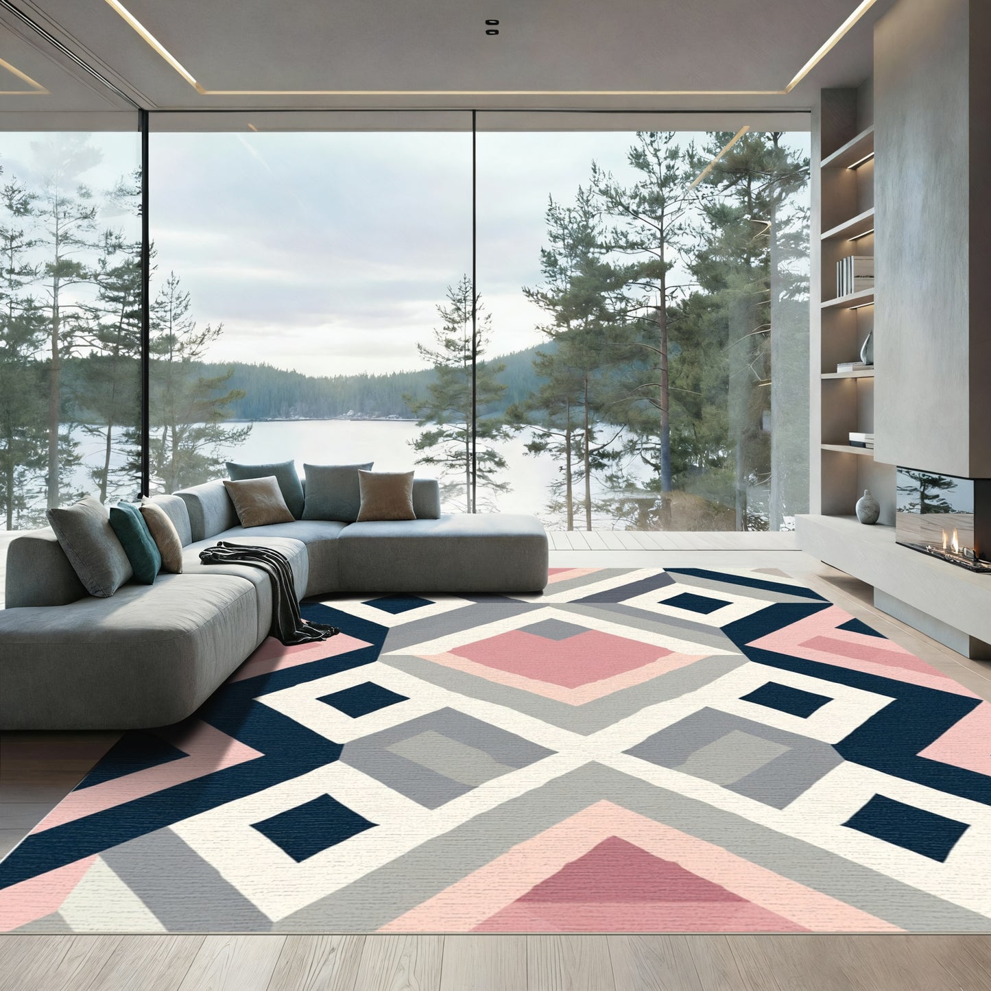Pink Blue Gray Geometric Diamond Quilt Rug