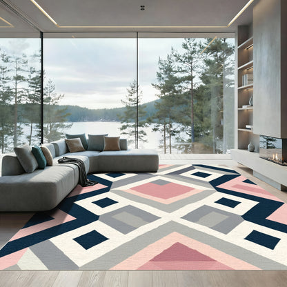 Pink Blue Gray Geometric Diamond Quilt Rug