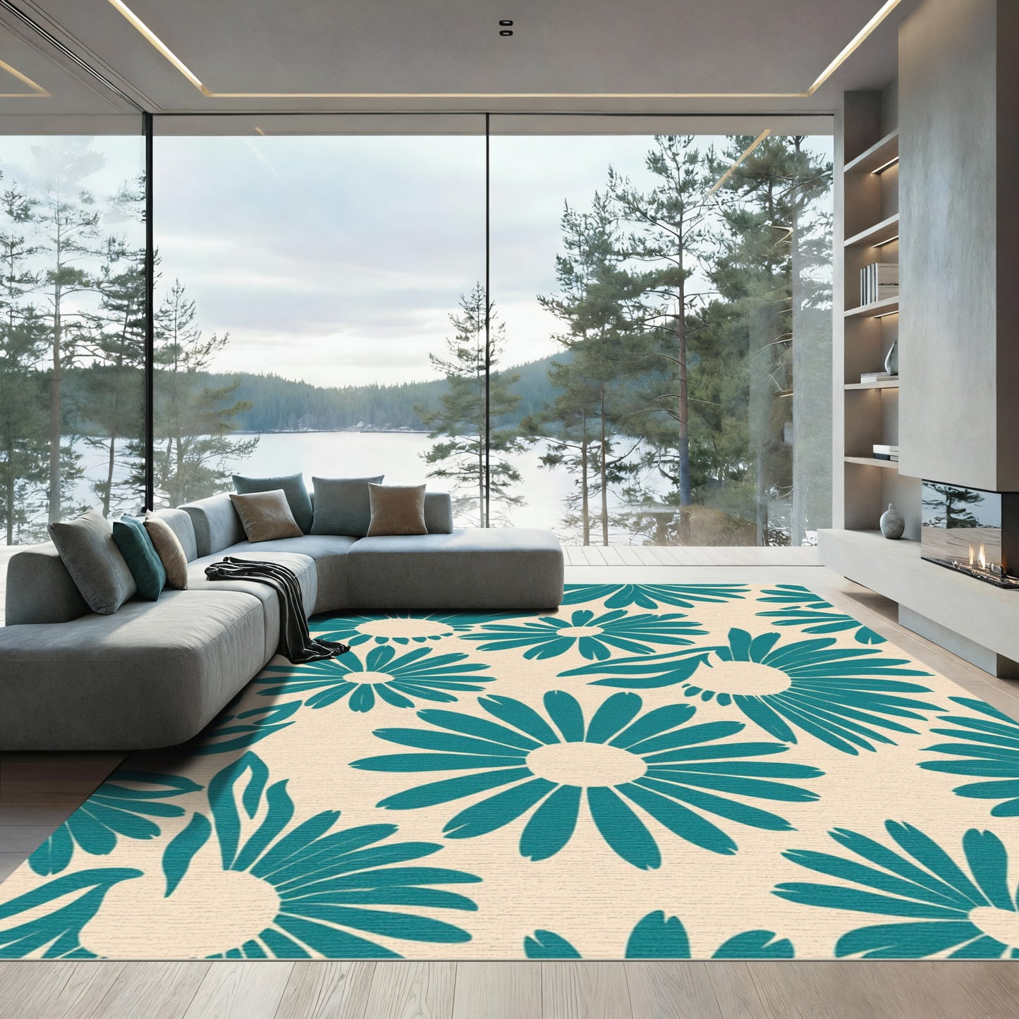 Teal Bold Daisy Bloom Rug