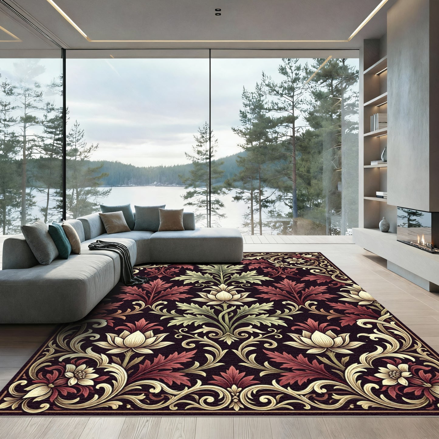 Elegant Floral Damask Burgundy Cream Creeping Rug