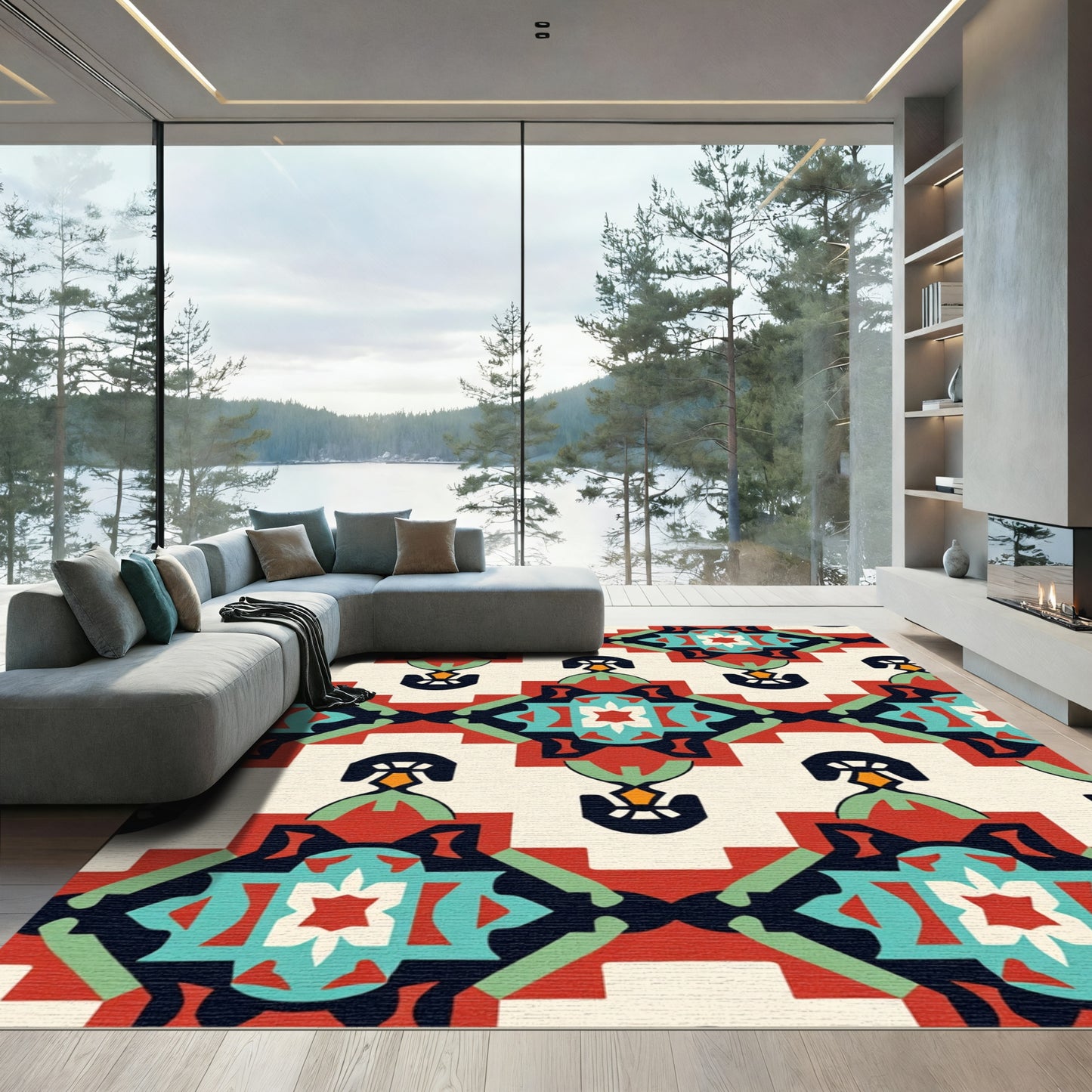 Bold Red Teal Geometric Medallion Rug